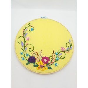 Hand Embroidery, 9.5" wide Hoop, Flowers On Yellow Background